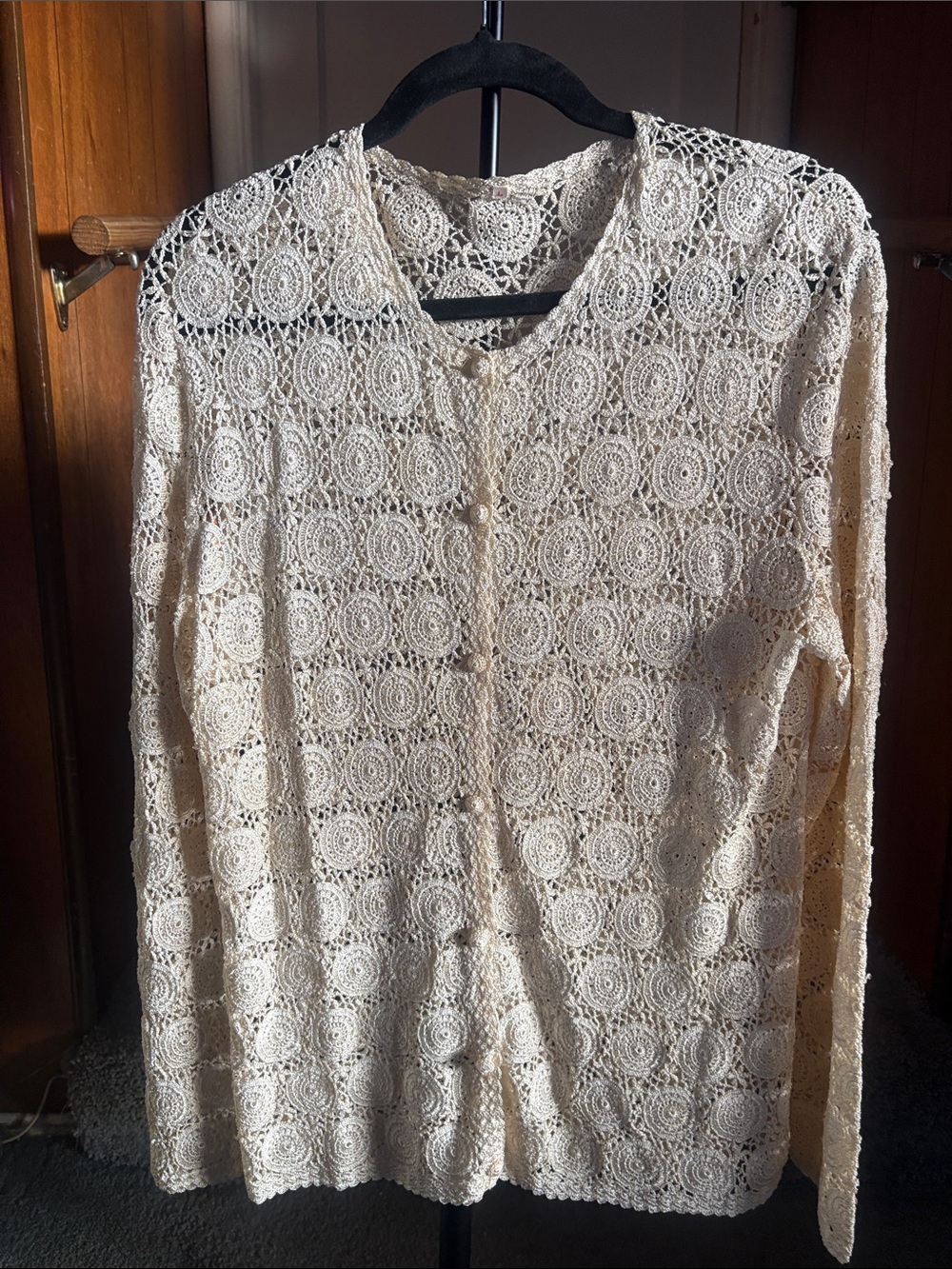 Iโm branded cream crochet knit cardigan sweater circle medallion BoHo medium